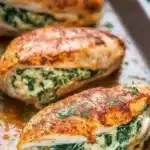 Delicious spinach stuffed chicken breasts on a plate with fresh herbs.