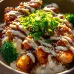 Delicious sticky chicken rice bowl garnished with vegetables and herbs