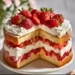 Delicious strawberry shortcake with fresh strawberries and whipped cream