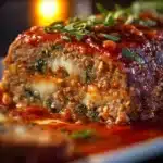 Delicious stuffed Italian meatloaf served with herbs and tomato sauce.