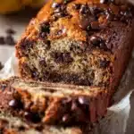 Delicious slice of super moist chocolate chip banana bread on a wooden table.