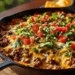 Delicious Texas Trash Dip served in a bowl with tortilla chips for dipping.