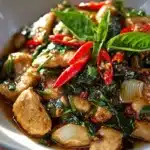 Delicious plate of Thai Basil Chicken garnished with fresh basil leaves.