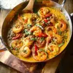 Delicious Thai Coconut Shrimp Curry served with rice and cilantro garnish