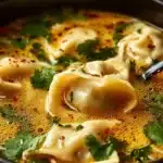 Bowl of delicious Thai Potsticker Soup garnished with herbs.