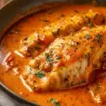 Delicious tilapia fillet served in roasted pepper sauce