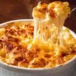 Bowl of Tini's creamy macaroni and cheese recipe topped with breadcrumbs