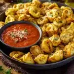 Delicious tortellini snacks served at a vibrant party table