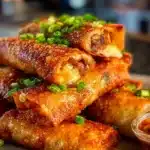 Delicious Voodoo Egg Rolls served with dipping sauce on a plate.