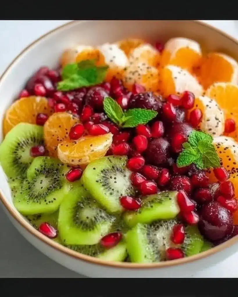 Winter fruit salad with poppy seed dressing and fresh mint on a serving plate
