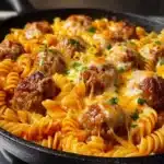 BBQ Ranch Meatball and Cheddar Pasta Skillet topped with melted cheese