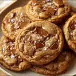 Delicious brown butter coffee toffee cookies on a cooling rack