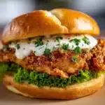 Cajun Crispy Chicken Sandwich topped with garlic aioli and garnished with lettuce and tomato