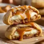 Delicious homemade Caramel Cheesecake Cookies topped with drizzled caramel.