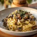 Creamy caramelized leek and mushroom gruyere pasta dish served in a bowl