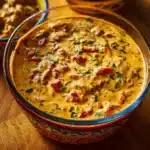 Bowl of Cheesy Rotel Ranch Queso garnished with cilantro and tortilla chips