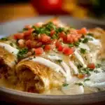 Chicken enchiladas topped with sour cream white sauce and garnished with cilantro