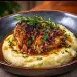 Chipotle Honey Chicken Thighs with Smoked Gouda Mashed Potatoes dish