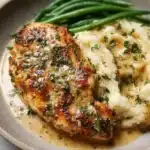 Creamy garlic parmesan chicken breast garnished with herbs and served on a plate.