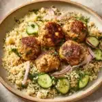 Creamy mushroom chicken meatballs served in a savory sauce.