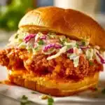 Crispy Buffalo Chicken Sandwich served with ranch slaw on a rustic wooden table