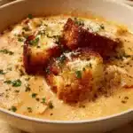 Crock Pot Creamy Chicken Parmesan Soup in a bowl garnished with parsley
