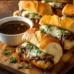Crockpot French Dip Sandwiches with juicy beef and melted cheese