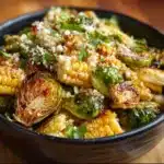 Delicious Mexican street corn Brussels sprouts dish topped with cheese and spices.