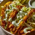 Dill Pickle Ranch Smash Chicken Tacos served on a wooden platter with fresh toppings