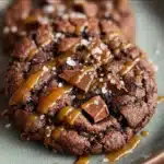 Double chocolate salted caramel cookies on a baking sheet.