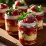 Delicious easy strawberry shortcake trifles layered with strawberries and cream