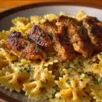 Garlic Butter Chicken served with bowtie pasta on a plate