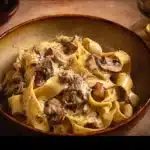Delicious Gorgonzola Truffle Cream Sauce with mushrooms served in a bowl.