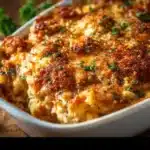 High protein chicken parmesan casserole topped with melted cheese and herbs