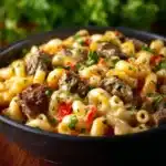 Creamy Philly cheesesteak mac and cheese dish garnished with herbs