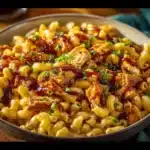 High-protein honey BBQ chicken mac and cheese dish served in a bowl
