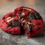 Homemade red velvet Oreo cookies stacked on a plate