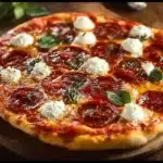 Hot Honey Pepperoni Pizza with Ricotta cheese and a drizzle of honey