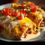 Jalapeño popper cheesy chicken enchiladas topped with creamy sauce and spices.