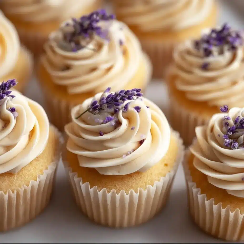 Lavender Honey Cupcakes topped with lavender frosting and adorned with honey drizzle.