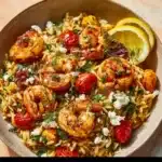 Plate of Lemon Feta Orzo Shrimp with fresh herbs and lemon slices.