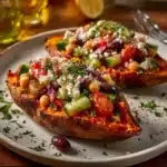 Mediterranean stuffed sweet potatoes topped with fresh herbs and ingredients