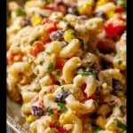 Bowl of vibrant Mexican Macaroni Salad with fresh ingredients and colorful toppings.