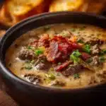 A bowl of One-Pot Philly Cheesesteak Soup topped with bacon and served with cheesy toast.