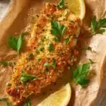 Parmesan Crusted Baked Walleye served with lemon slices and herbs