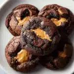 Peanut butter filled brownie cookies stacked on a plate