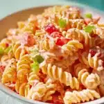Colorful Pink Cadillac Pasta Salad served in a bowl