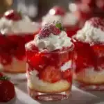 Quick strawberry shortcake cups topped with fresh strawberries and whipped cream