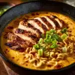 Bowl of revitalizing spicy creamy chicken ramen soup with fresh ingredients.