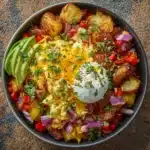 Delicious Southwest spice green chile bowl topped with fresh ingredients.